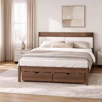 Walnut Full Size Bed Frame with 2 Rolling Storage Drawers, Upholstered Headboard, Solid Wood Slat Support, No Box Spring Required, Bed Frame for Bedroom