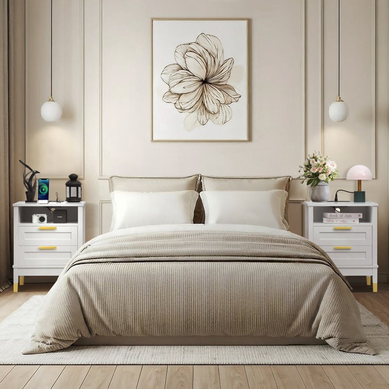 Vista 2 Drawer Nightstand with Charging Station, Bedside Table with Storage Drawers, Night Stand for Bedroom, End Table or Side Table for Living Room, 15.5" D x 18.9" W x 24" H