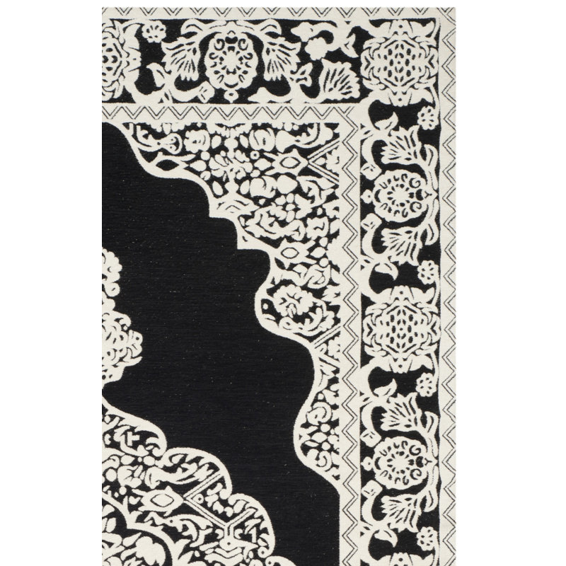 Tapis oriental noir / ivoire tissé à plat à la main Jamison, Carré 6 pi