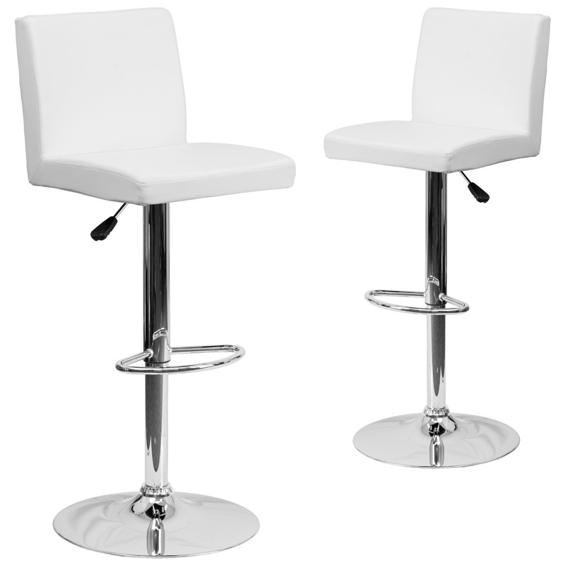 Nobles Contemporary Adjustable Height Barstool with Panel Back and Chrome Base, White