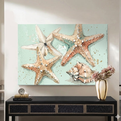 Starfish and a Shell Watercolor Canvas Wall Art, 24" x 36" Gallery Wrapped Canvas Print, Beige & Blue Coastal Wall Decor for Bathroom, Bedroom & Living Room