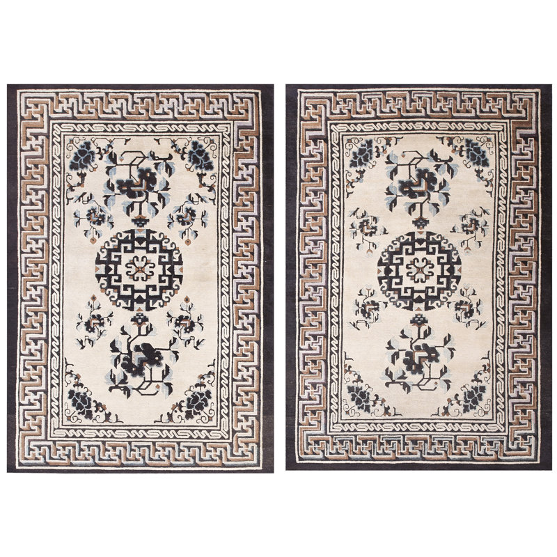 Antique Chinese - Mongolian Small Scatter Size Wool Ivory Rug