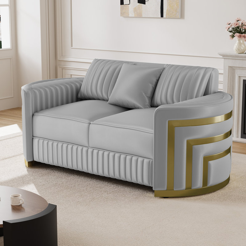 Canapé en velours 65 po avec accoudoirs décoratifs dorés en forme de croissant, Grey