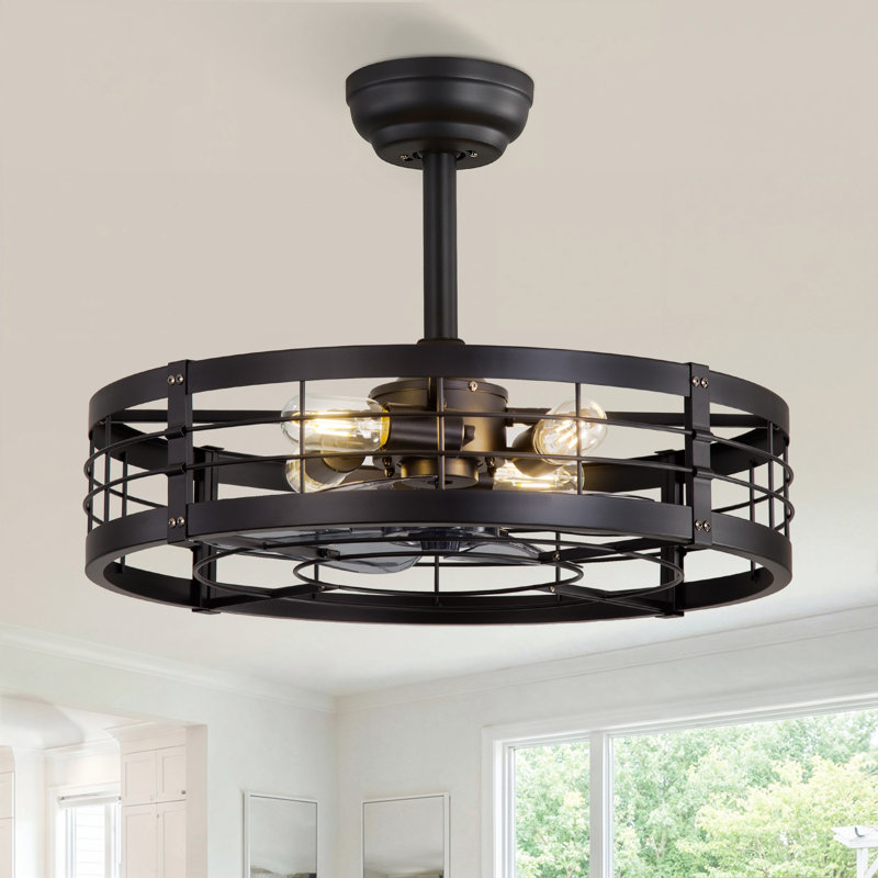 Cissline 22" Stylish Black Caged Ceiling Fan With Remote Control And Light Kit Included, 22", Black