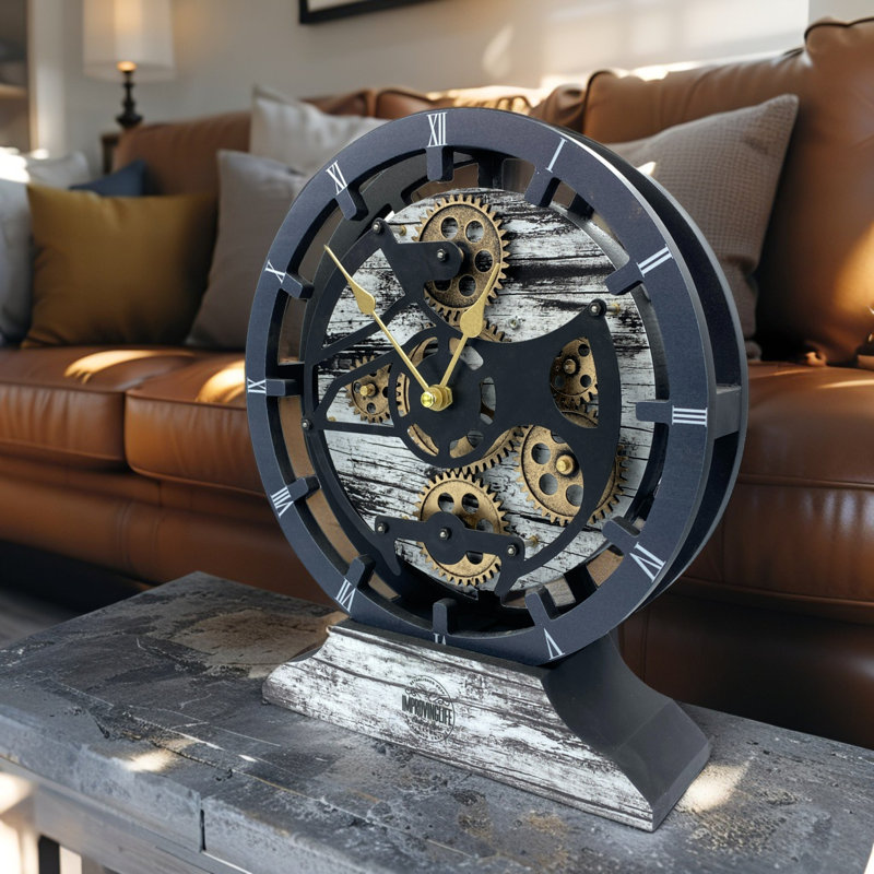 Horloge de bureau ronde en bois de 10 pouces avec de vrais engrenages (transformable en horloge murale - base détachable) Collection Canada