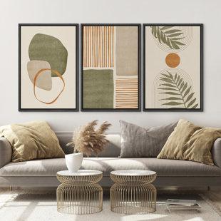 Mid Century Modern Boho "Organic Tropical Leaf Artwork, Neutral Abstract Warm Pictures, Framed Canvas 3 Pieces Giclee Print Wall Art