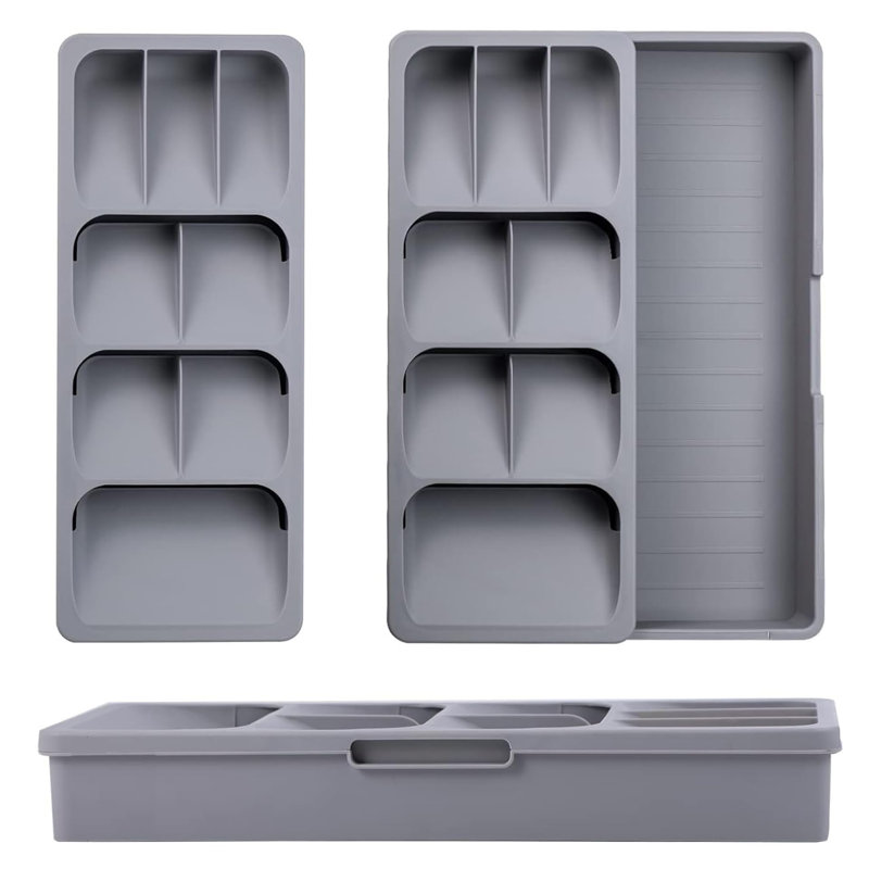 Silverware Drawer Organizer with Expandable Tray for Kitchen Drawer, Adjustable Compact Plastic Kitchen Utensil Storage,Grey