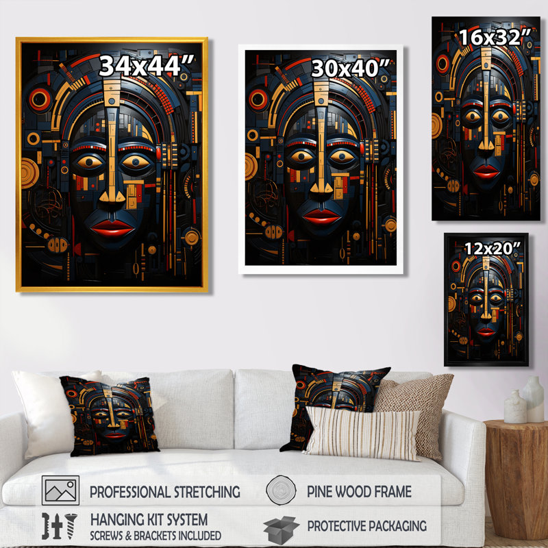 Indigène tribal masque jaune bleu - masque africain, Toile tendue, H 32 po x l 16 po x P 1 po