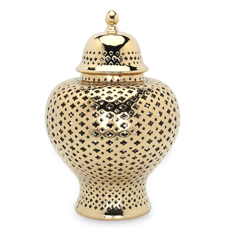 Pot à gingembre en céramique avec couvercle, Doré, H 19 po