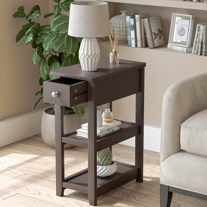 24'' Tall End Table, Narrow Side Table with Drawer and Shelves for Small Space, Brown