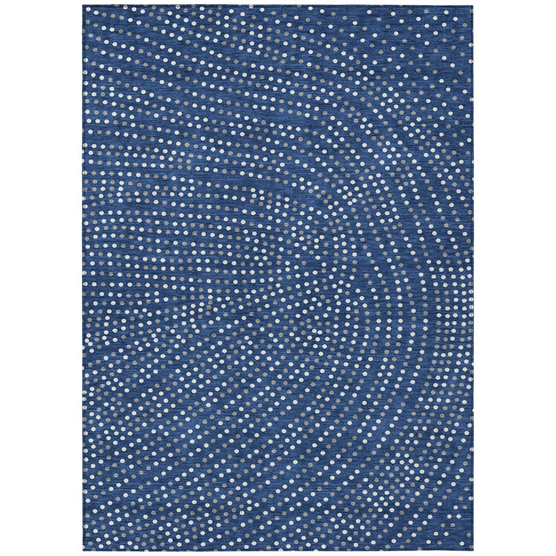 Navy and White Synthetic Flat Woven Washable Rug