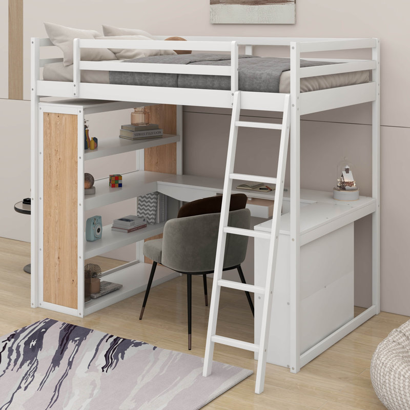 Lit mezzanine simple avec tablettes et bureau, Blanc