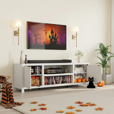 Meuble télé cannelé pour meuble télé moderne de 80 pouces avec tablettes réglables, meuble télé et meuble multimédia à 2 niveaux pour le salon et la chambre à coucher