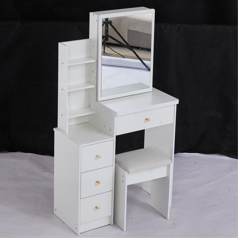 Petite coiffeuse 29,2 po avec tabouret de chevet gauche + tabouret rembourré, très grand miroir coulissant à droite, rangement multi-couches à grande capacité, commode pratique et pratique, convient aux petits espaces