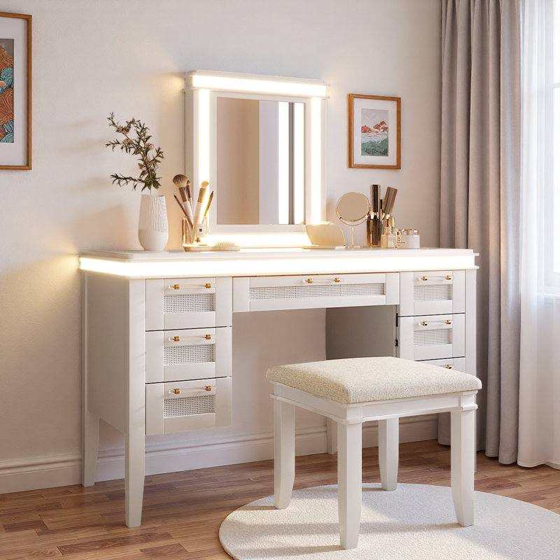 Vanity Desk With Mirror And Lights, 7 Drawers And Cushioned Stool, Light Beige