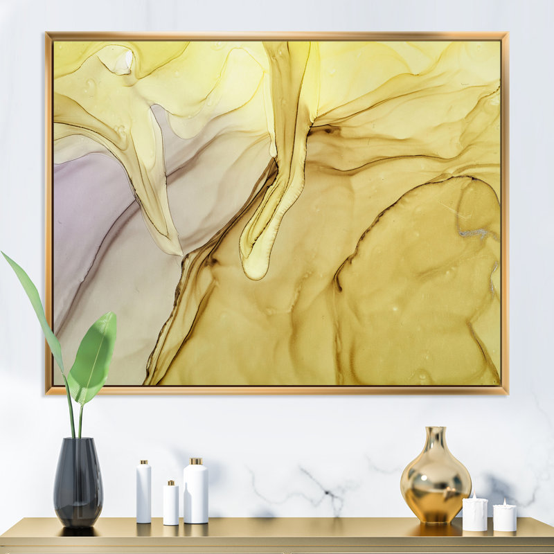 Jaune et vert, encre liquide - peinture sur toile, H 24 po x l 32 po x P 1 po, Cadre flottant doré