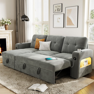 84" L Shaped Sleeper Sofa, Convertible Pull-Out Couch Bed with Storage & Charging Station, Sectional Sofa Bed with Cup Holder, Reversible Chaise for Living Room, Velvet, Light Gray(2-parcel Sent)
