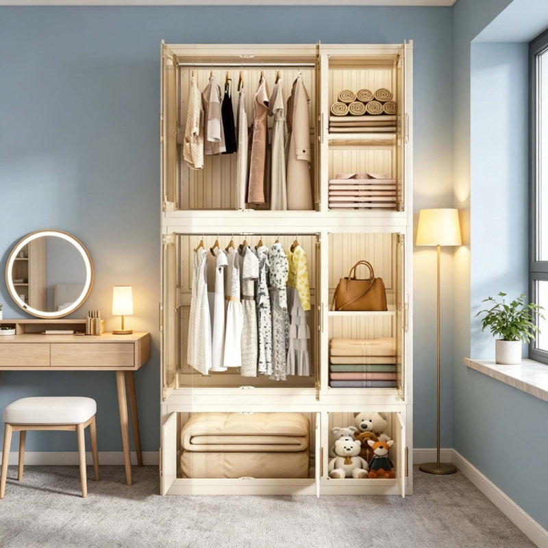 Armoire portative en PP pliable à 9 cubes avec 9 portes cannelées magnétiques et 2 tringles suspendues, armoire de rangement autoportante pour chambre de bébé et chambre à coucher