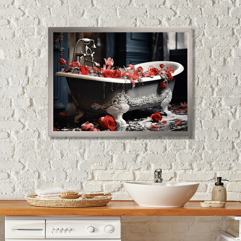 Red Floral Bath II - Laundry Art mural, H 30 po x l 40 po x P 1,5 po, Encadrement argenté