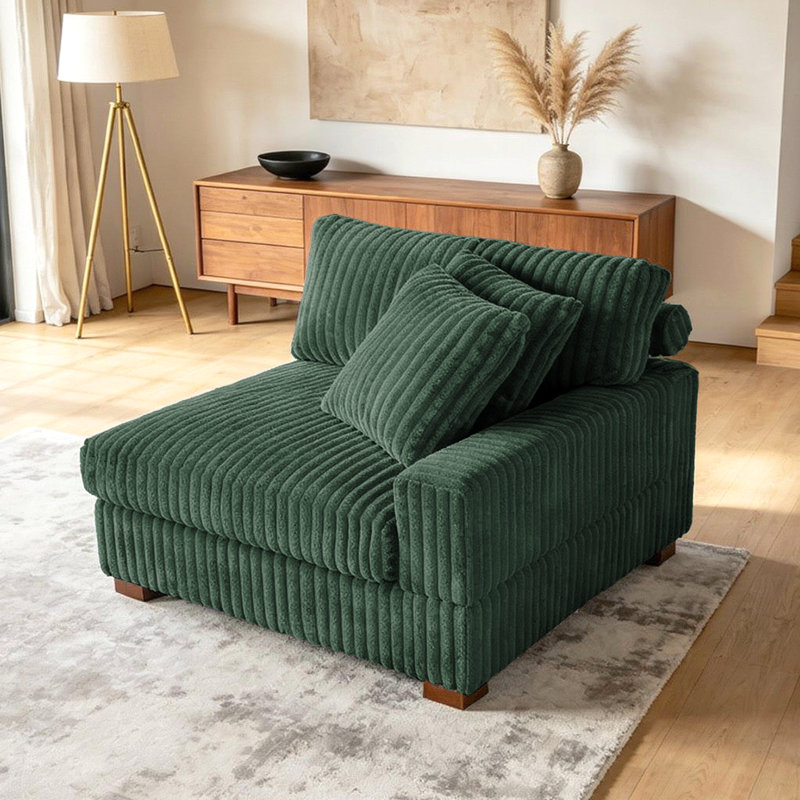 Upholstered Green Faux Rabbit Fur Flannel Armchair with Pillow Back, One Arm Single Chair Module Part For Sectional Sofa