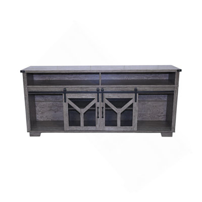 65.3 Inch TV Stand With LED Light Strips And Iron Mesh Barn Doors, Country Grey Farmhouse Style, Spacious And Durable