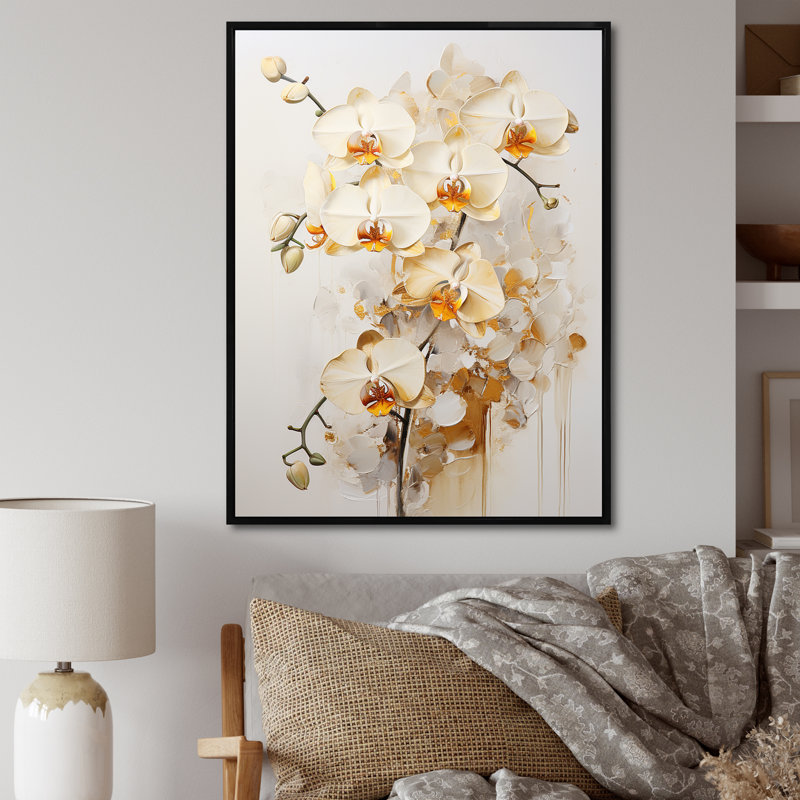 Fleur d'orchidée beige et or II, Cadre flottant noir, 32" H x 16" W