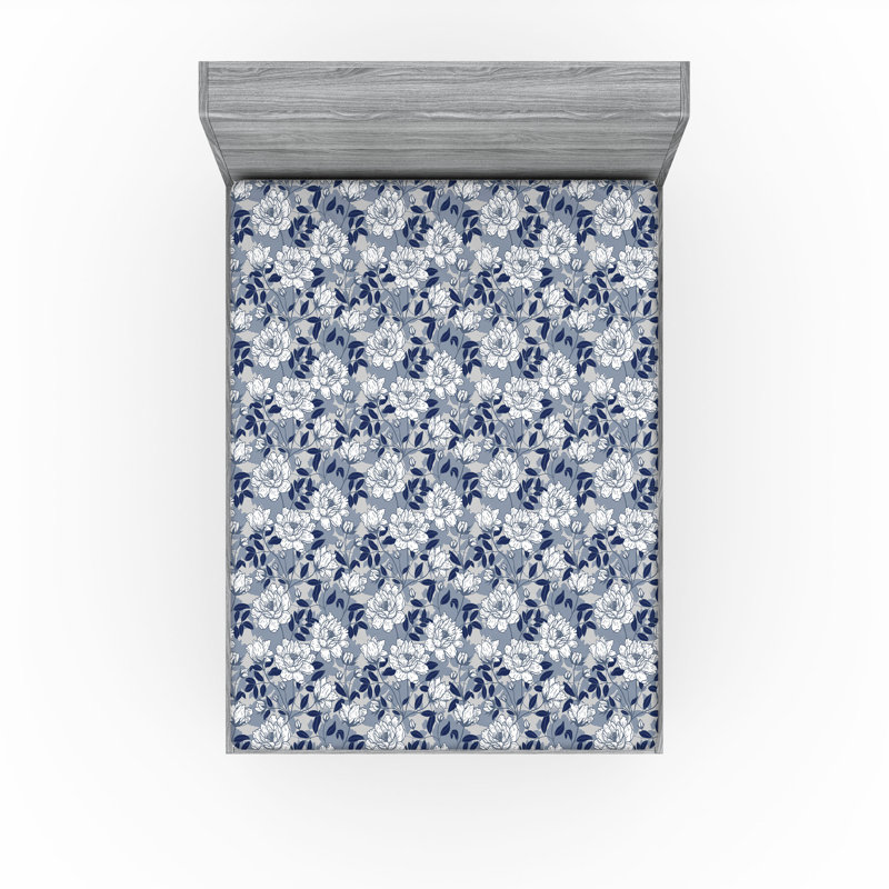 Drap-housse Ambesonne, Indigo, ivoire, bleu, gris / floral, Drap-housse de taille très grand