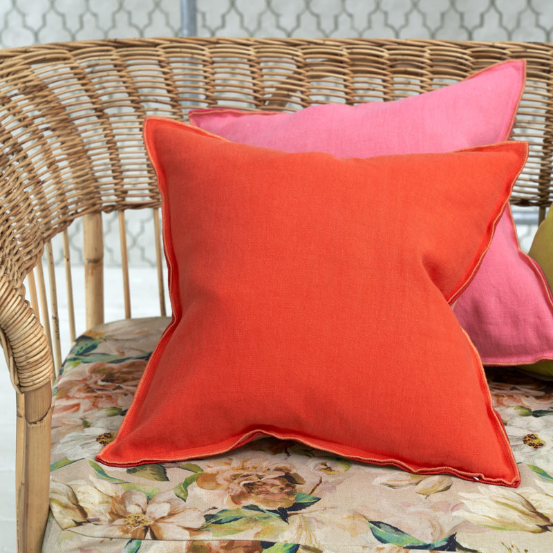 Brera Lino 100% Linen Decorative Pillow, Square 22", Hibiscus/Peach