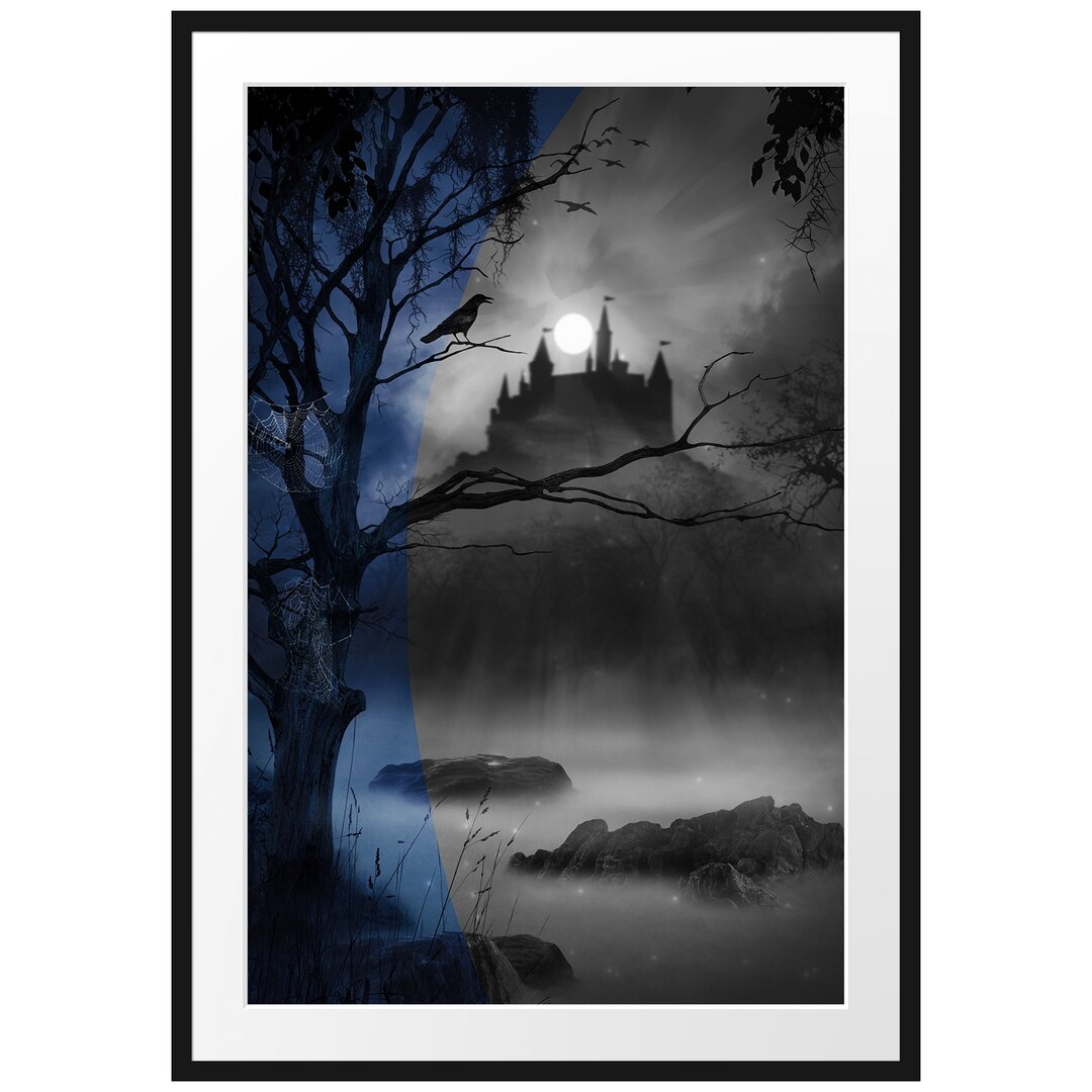 Gerahmtes Poster Wald mit Burg bei Nacht