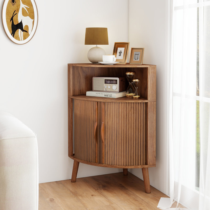 Corner Accent Cabinet With 2 Fluted Door , Freestanding Corner Storage Shelf For Living Room, Kitchen, Bathroom, Walnut