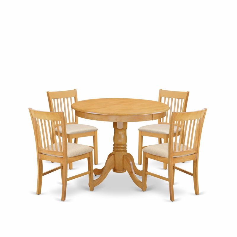 L'ensemble de table de salle à manger 5 pièces pour 4 personnes comprend une table de cuisine ronde avec piédestal et 4 chaises de salle à manger en tissu de lin, 36 x 36 pouces, chêne