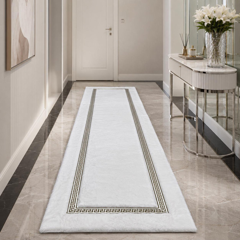 Tapis blanc moelleux, bordure géométrique argentée, fausse fourrure douce, décor moderne (format personnalisé), 8 x 10 ft