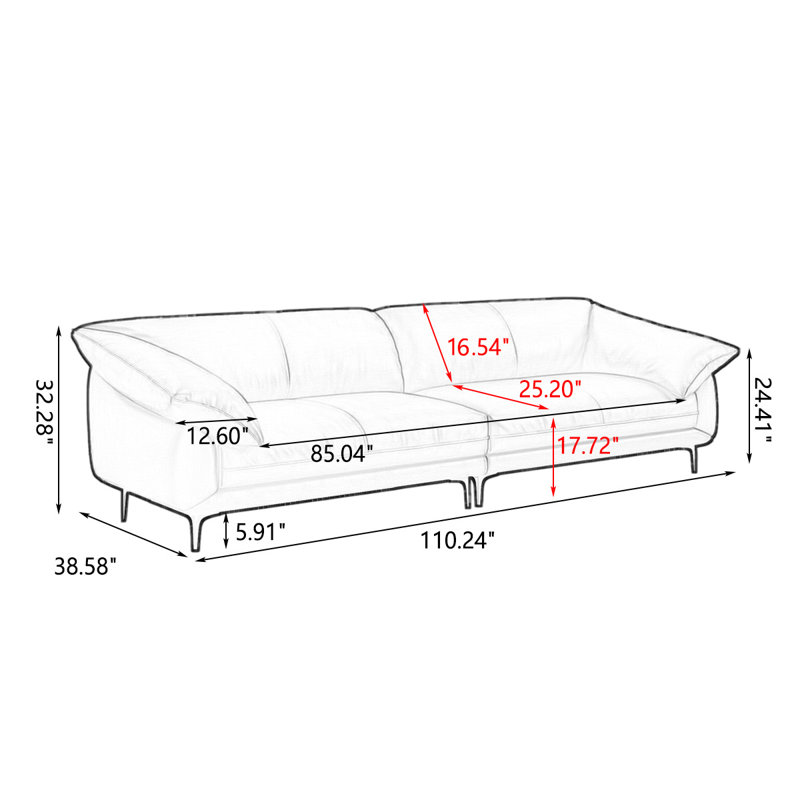 Creamy-white Genuine Leather Modular Sofa cushion couch, H 32,28 po x l 110,24 po x P 38,58 po, Creamy White