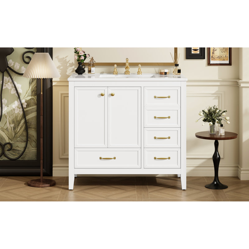 Meuble-lavabo 36 po avec lavabo en céramique, structure et pieds en pin massif, blanc, tiroirs, système de rangement multiple avec cadre en bois de 36 po, conception lisse, tiroir