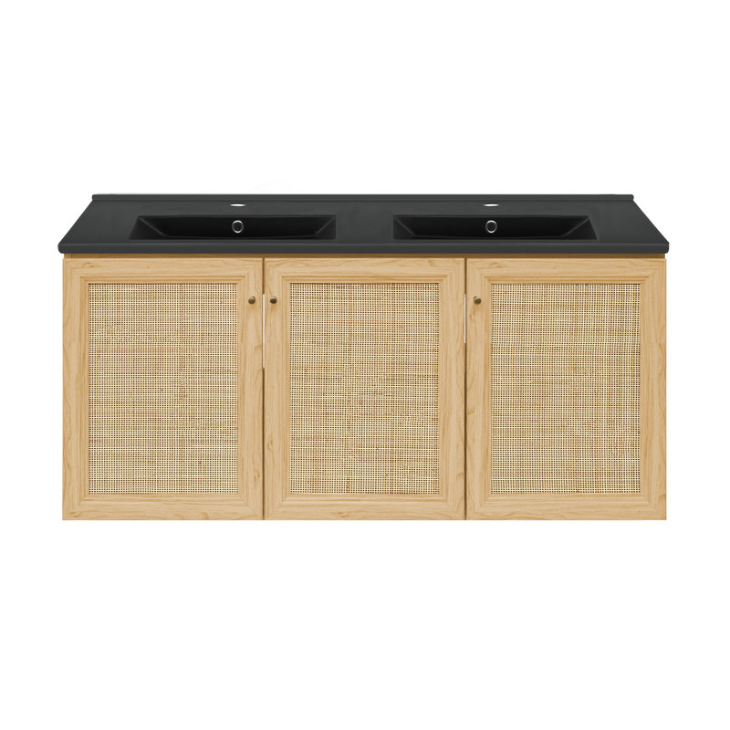 Ensemble de meuble-lavabo mural en chêne avec lavabo à double cuve Classe 48, Noir, noir, noir, noir, Naturel