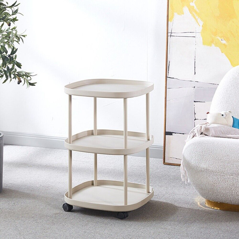 Table de bout mobile à 3 niveaux Table d'appoint en plastique Table de chevet avec roues Salon, Beige