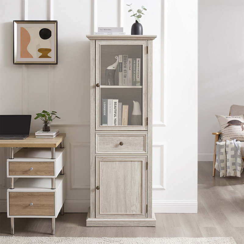 Tall Freestanding Storage Cabinet With Glass Door, Shelves, And Drawer For Living Room, Kitchen, Dining Room, And Office