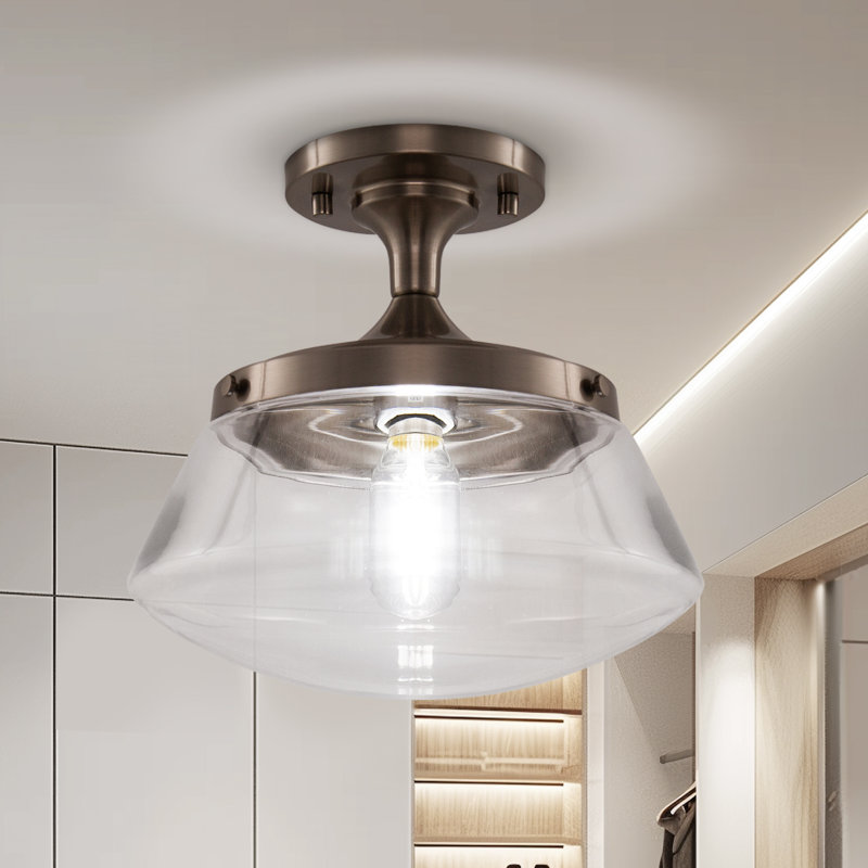 Plafonnier semi-encastré 1 lumière en nickel brossé avec abat-jour en verre transparent