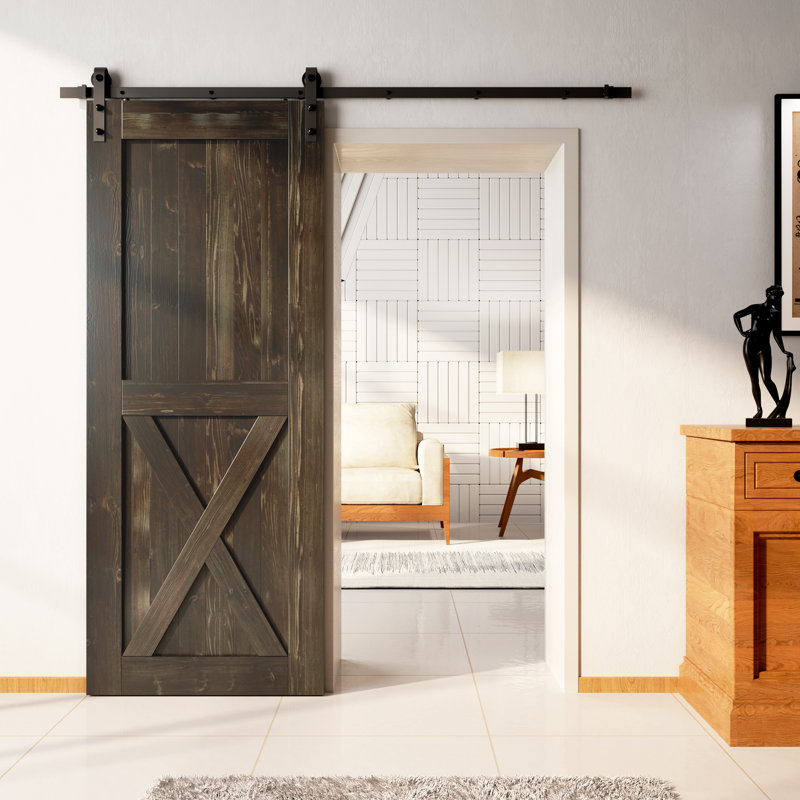 Porte de grange à panneaux en bois peint avec ensemble de quincaillerie d'installation, Ébène, 36 po x 96 po