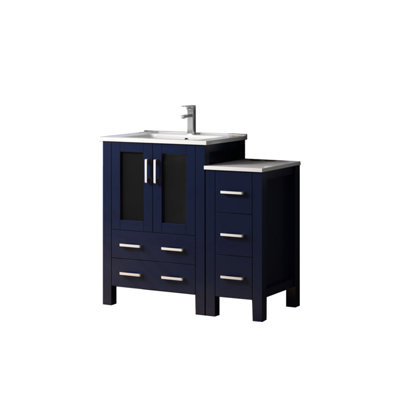 Navy Blue 36 In. Wide Single Bath Vanity With Five Drawers, Interior Cabinet, And Stain - Countertop Side White Ceramic Top, Soft Closing Feature
