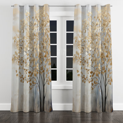 Coverton Minimalism Gold And Blue Trees Scene - Trees Grommet Curtain - Velvet Room Darkening - 1 Panel
