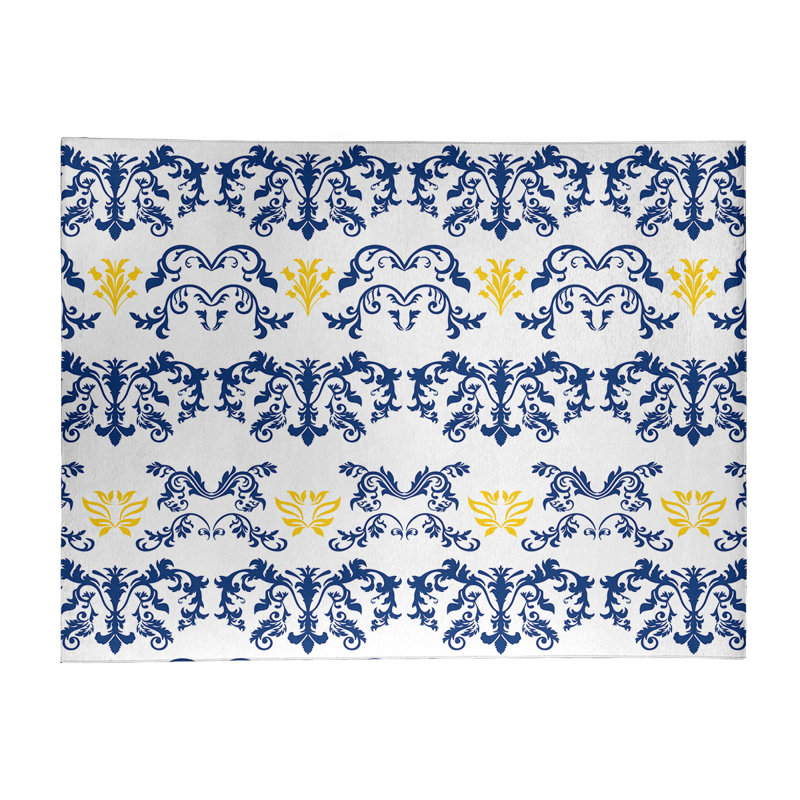 Tapis damassé blanc / bleu marine, Rectangle 9 pi x 12 pi