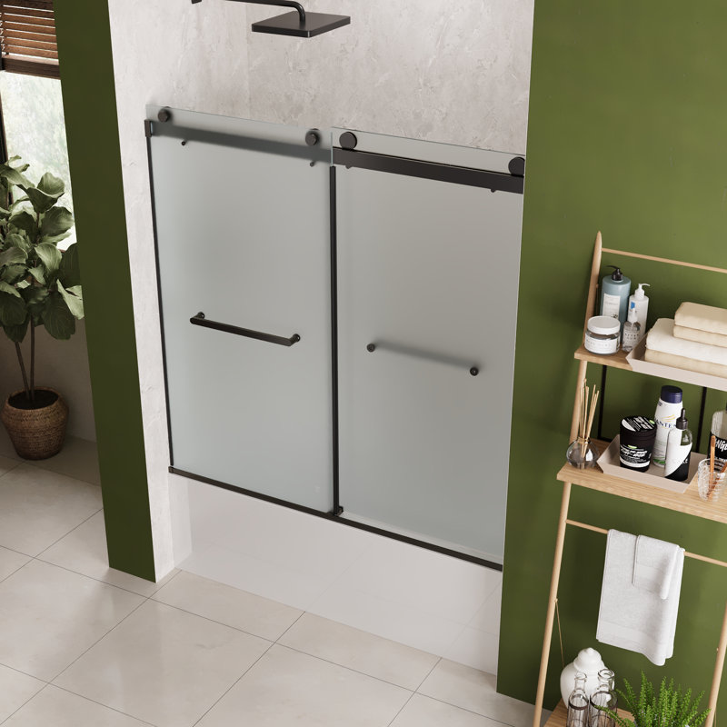 55" - 59" W×59" H Double Sliding Frameless Bathtub Shower Door With 3/8" Frosted Tempered Glass, Matte Black