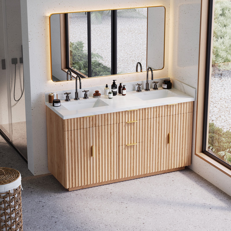 Meuble-lavabo double 60 po avec comptoir, 2 lavabos rectangulaires en porcelaine, bois massif, quartz blanc Carrara de 1,5 po, 4 portes à fermeture douce, 3 tiroirs à queue d'aronde, 2 tiroirs inclinables