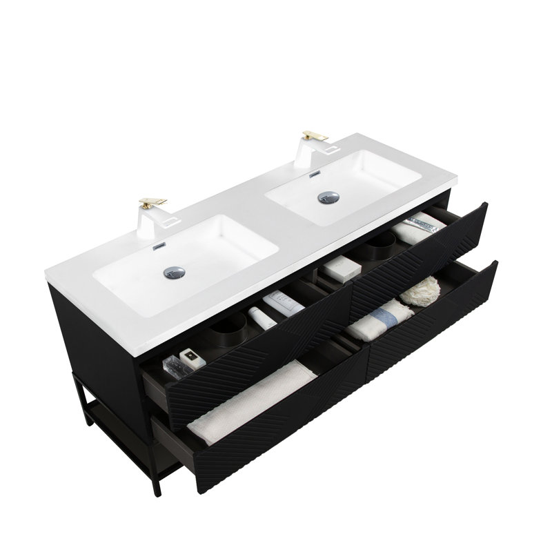 Espartaco 72 po L x 21 po P 4 tiroirs Meuble-lavabo autoportant avec évier double et Comptoir en Polymarbre blanc