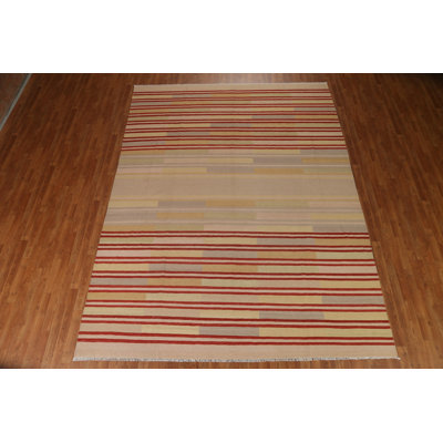 Tapis beige / rouge rayé en laine tissé à plat à la main et rectangulaire 8 pi 10 po x 11 pi 8 po