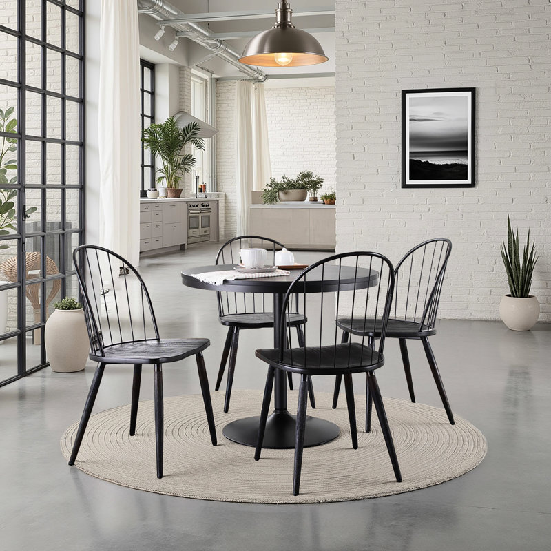 Ensemble de salle à manger industriel noir 5 pièces avec plateau en bois et chaises, hauteur fixe, aspect fuseau métallique, chaises