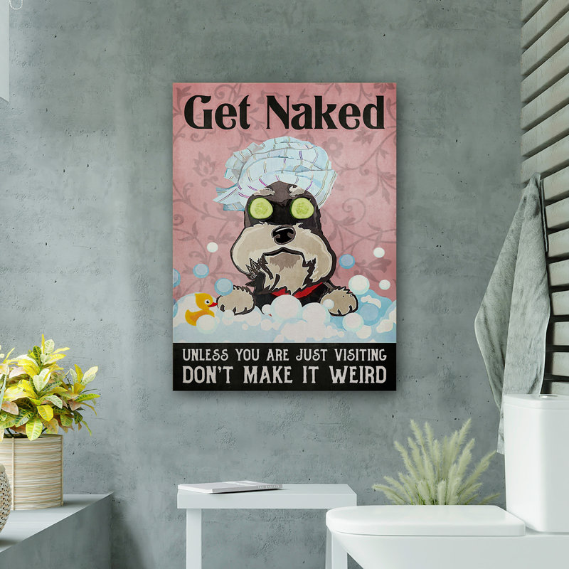 Schnauzer relaxant - «Get NUE», toile tendue - salle de bain et buanderie, décor d'illustrations pour salle de bain, noir, rose et blanc