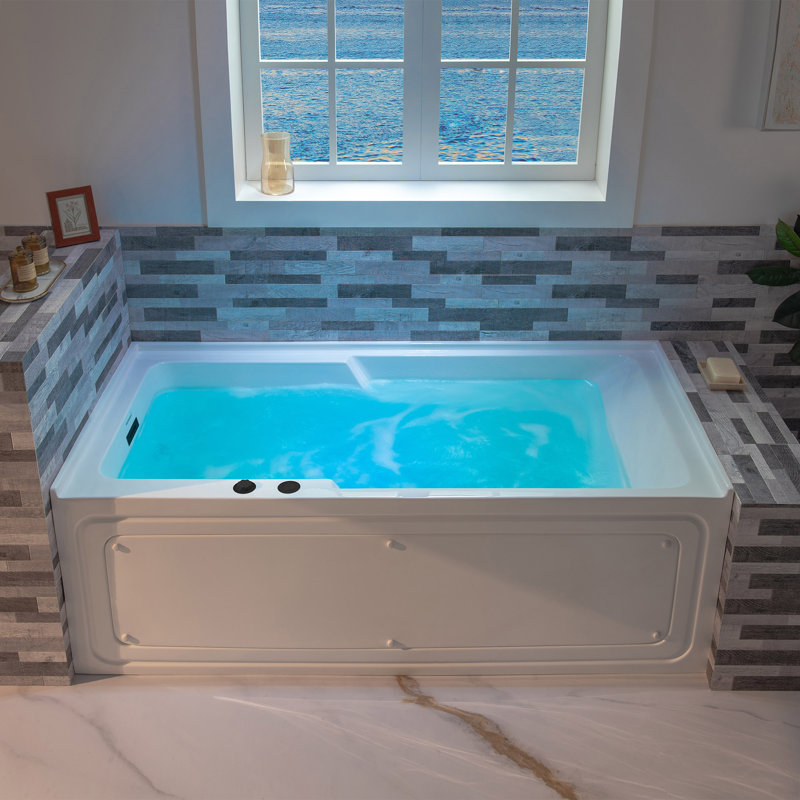 60" x 30" Whirlpool Heated Rectangular Alcove Acrylic Bathtub with Chrome/Matte Black Drain and Overflow, Left, Matte Black