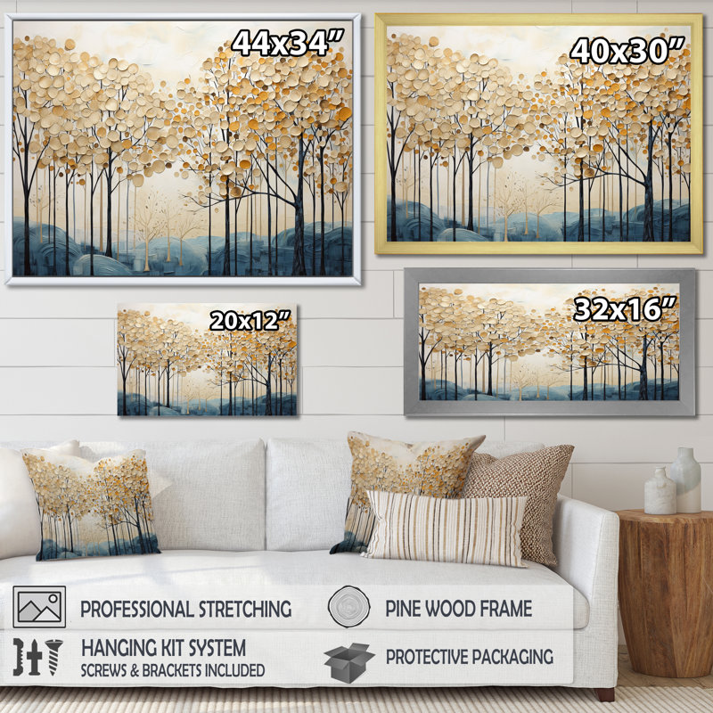 Minimalisme, arbres dorés et bleus scène IV - arbres, art mural, Toile tendue, H 12 po x l 20 po x P 1 po